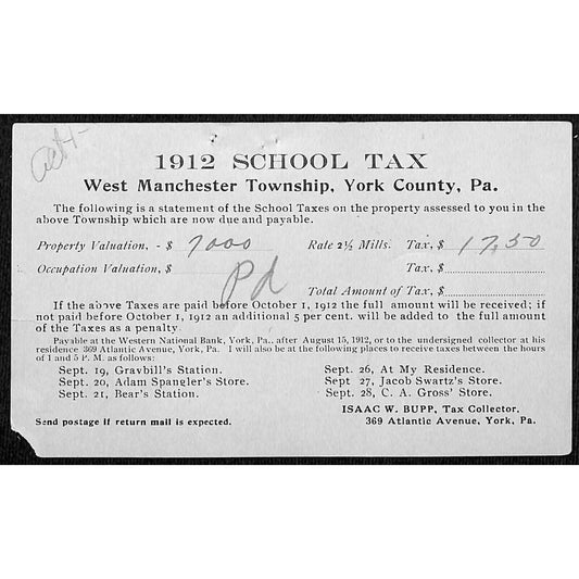 West Manchester Township, York County, PA 1912 School Tax Bill / Postcard