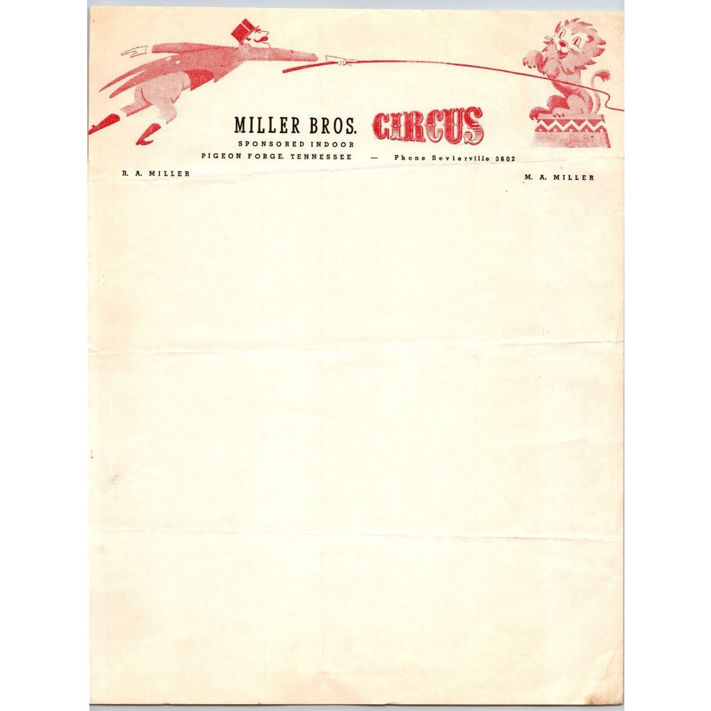 Miller Bros. Circus Letterhead Lion & Tamer Pigeon Forge, TM c1956 Scarce