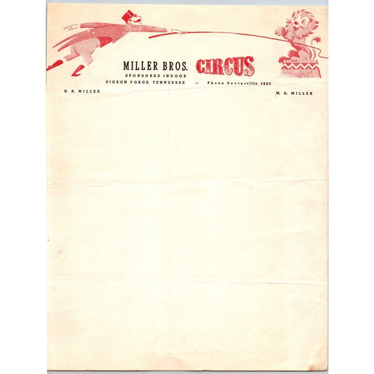 Miller Bros. Circus Letterhead Lion & Tamer Pigeon Forge, TM c1956 Scarce
