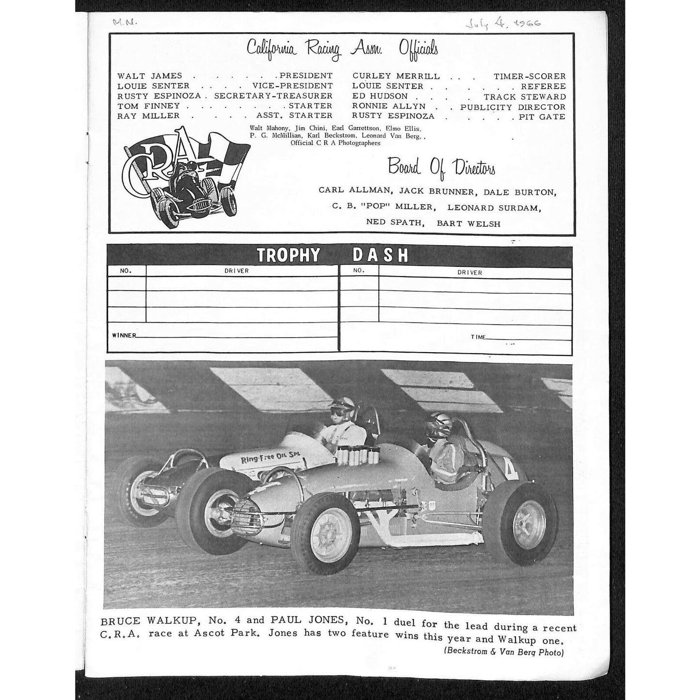 Scarce July 4 1966 CRA "Firecracker Fifty" Auto Racing Program Ascot Park