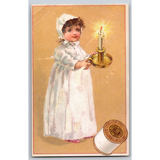 Young Girl Holds Candle Victorian Trade Card - JP Coats Best Six Cord Thread