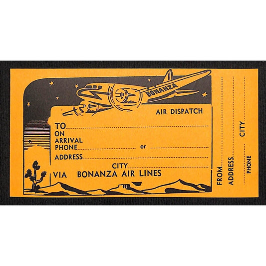 Bonanza Air lines (1945-68) "Air Dispatch" Luggage Label w/ Desert Scene Scarce