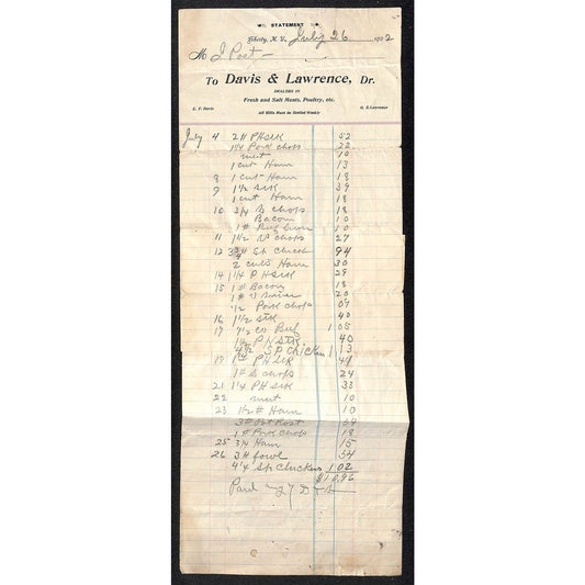 Liberty, NY Davis & Lawrence "Fresh Salt Meats, Poultry" 1902 Billhead