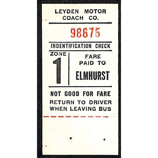 Leyden Motor Coach Zone 1 Elmhurst Bus Fare Seat Check #98675