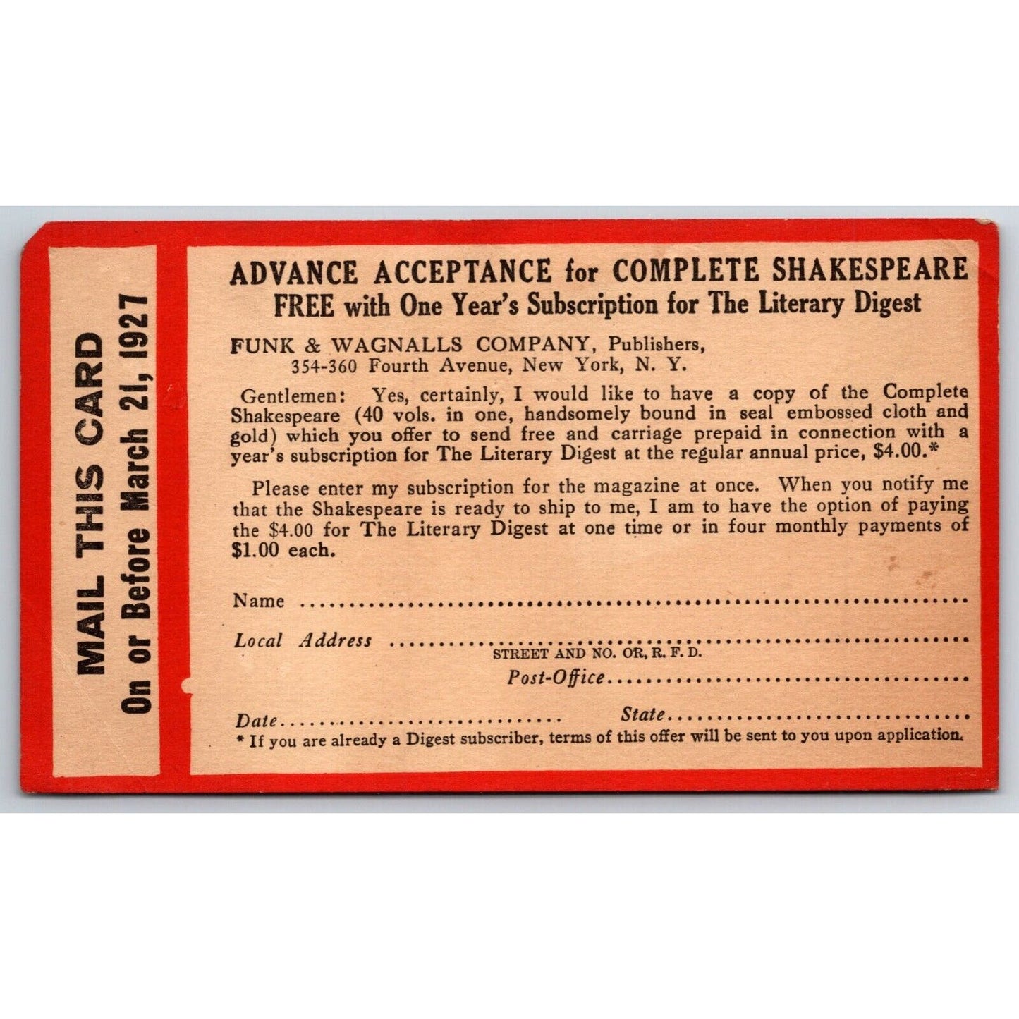 Funk & Wagnalls 1927 Shakespeare Mail Order Form Advertising Postcard