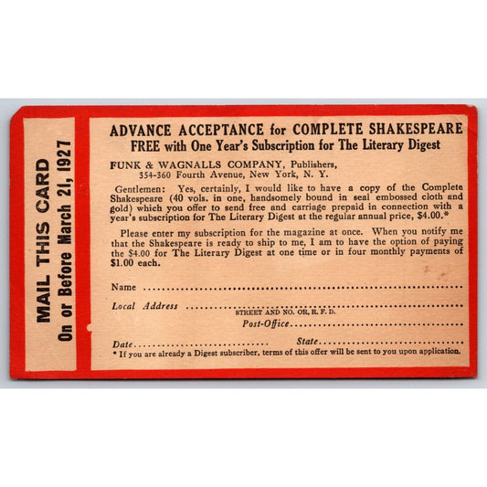Funk & Wagnalls 1927 Shakespeare Mail Order Form Advertising Postcard