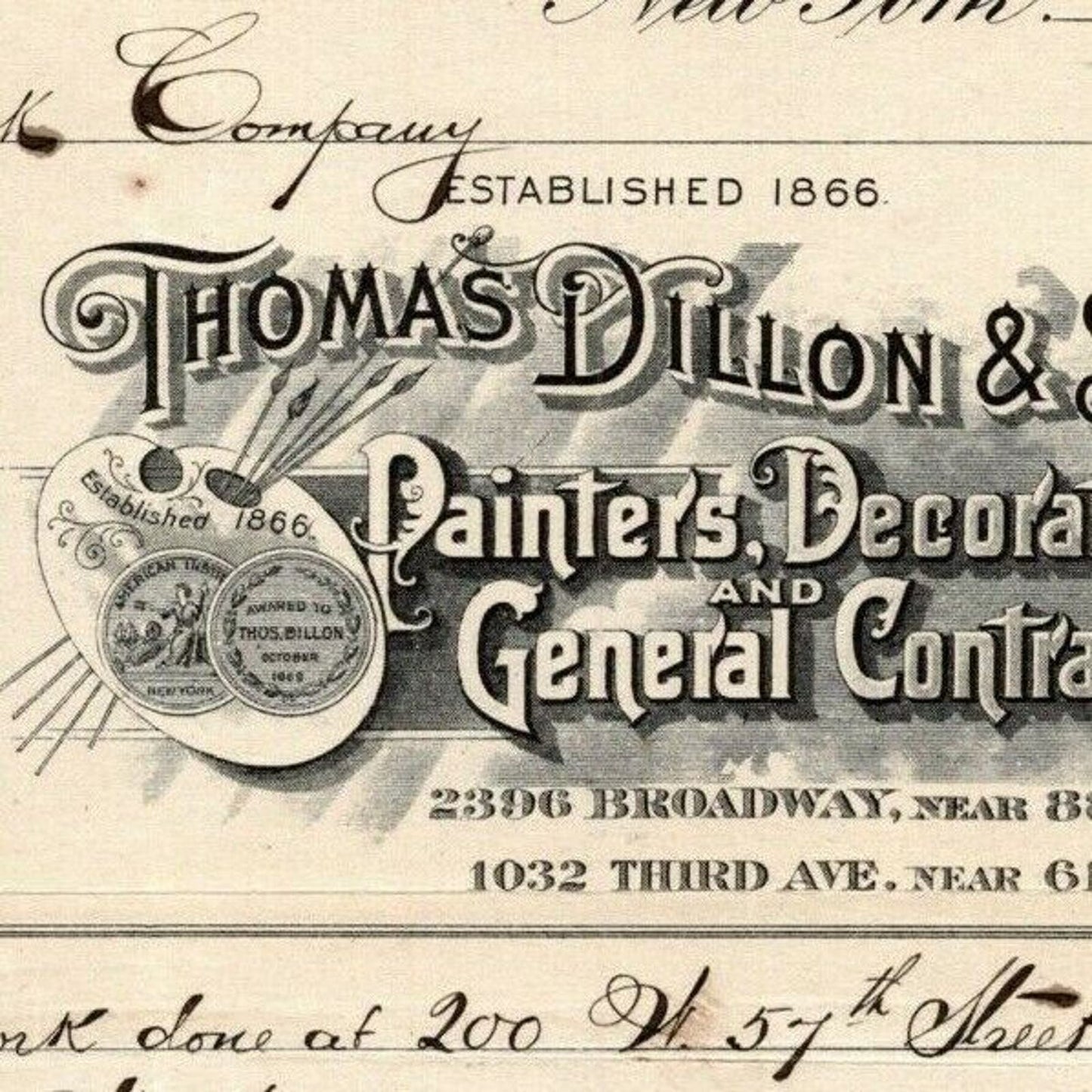 1915 "Thomas Dillon & Sons" Painters Decorators Billhead Letterhead 3rd Ave NYC