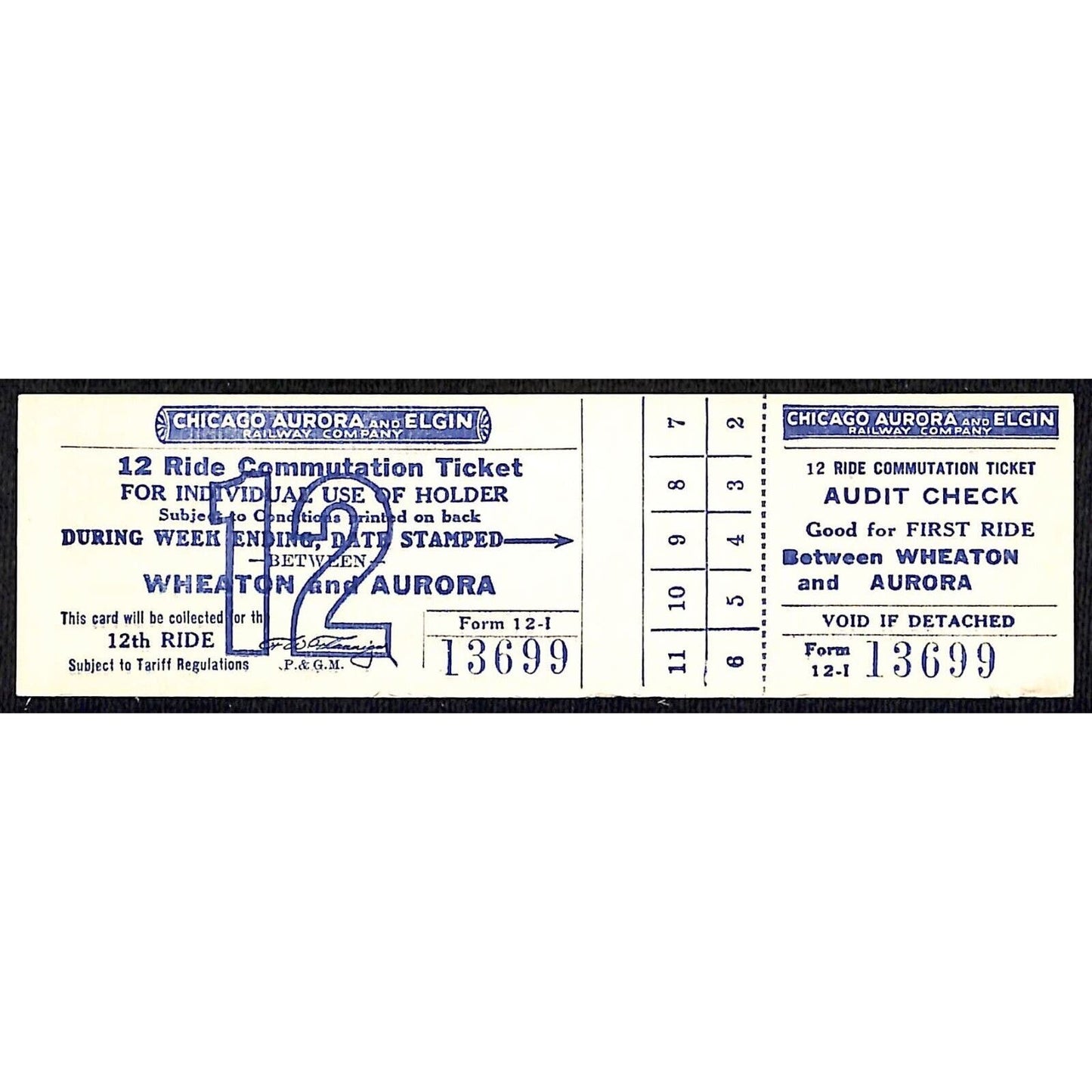 Chicago Aurora and Elgin Railway (1902-57) 12 Ride Ticket Wheaton / Aurora