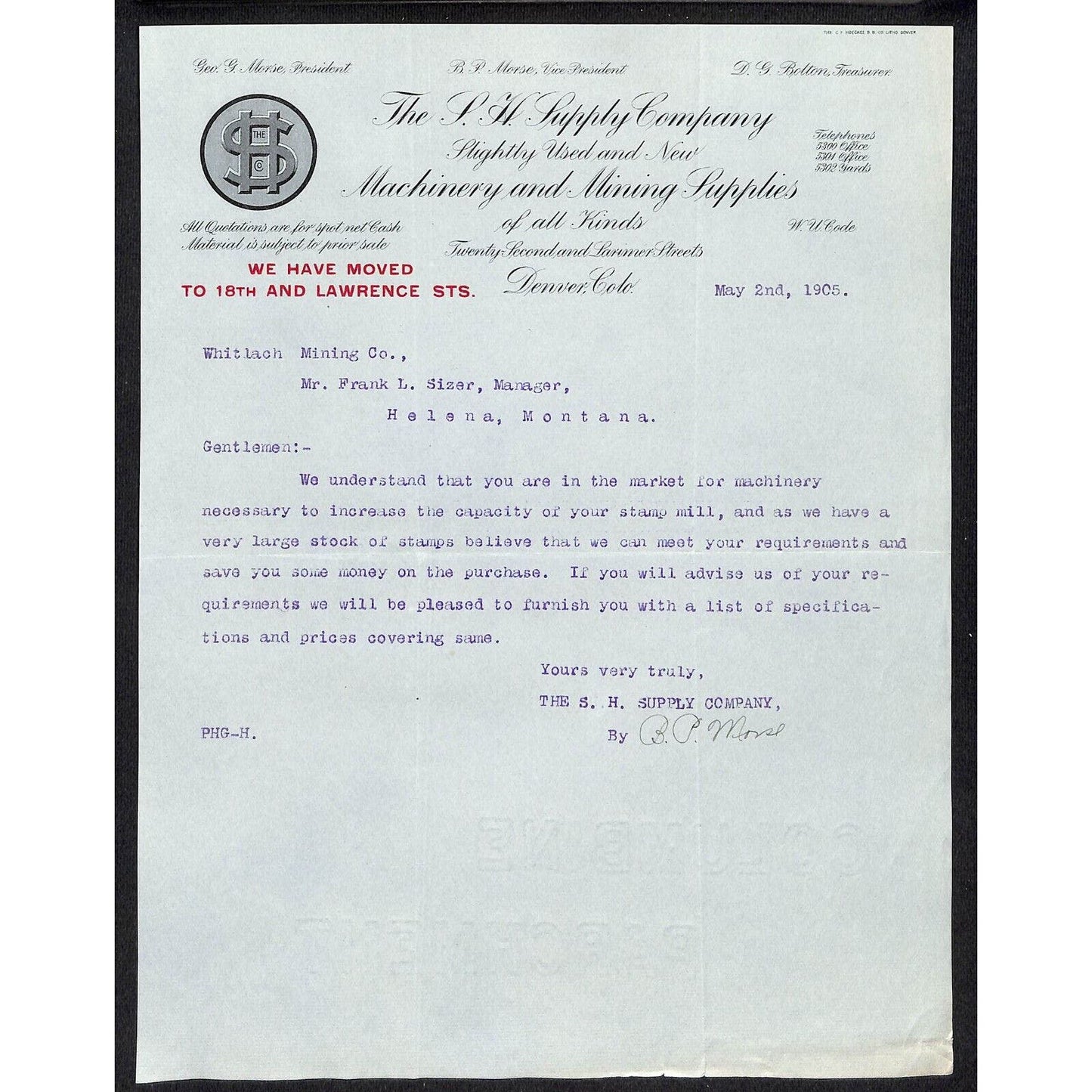 Denver, CO S.H. Supply Co. Mining 1905 Letterhead re: Stamp Mill