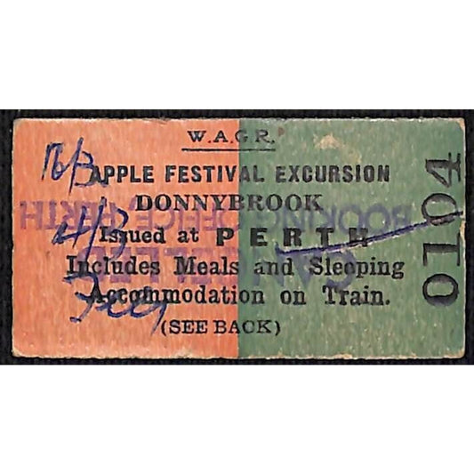 1960 WAGR Apple Festival Excursion Ticket Perth Australia Donnybrook #0104