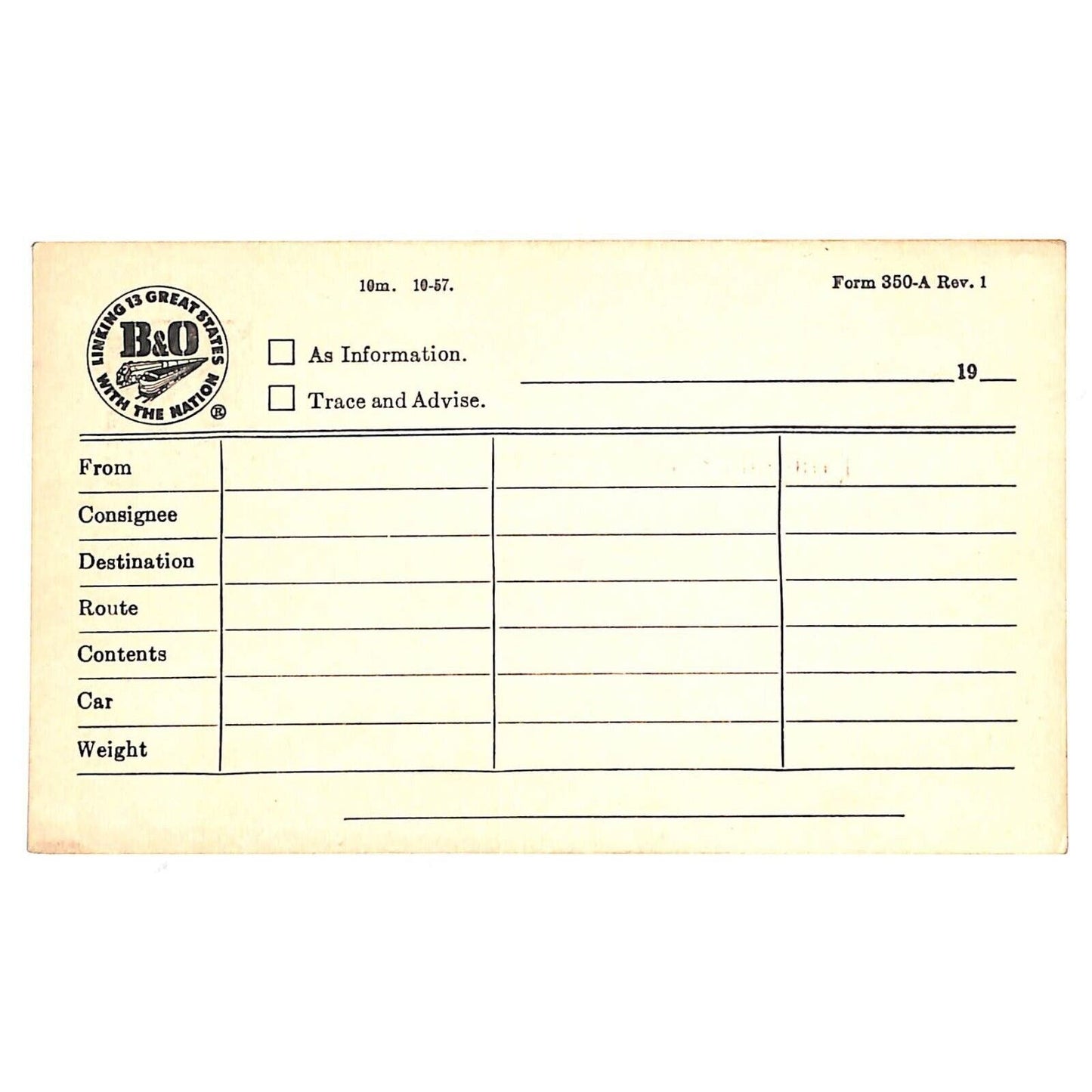 B&O Railroad c1957 Freight Route Detail Contents Detail Form - Post Card VGC