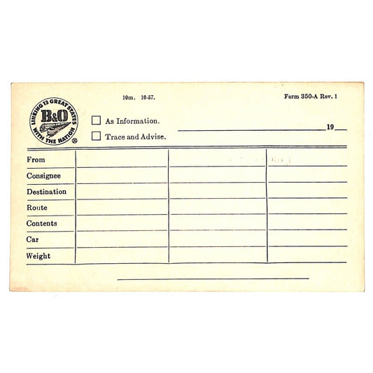 B&O Railroad c1957 Freight Route Detail Contents Detail Form - Post Card VGC
