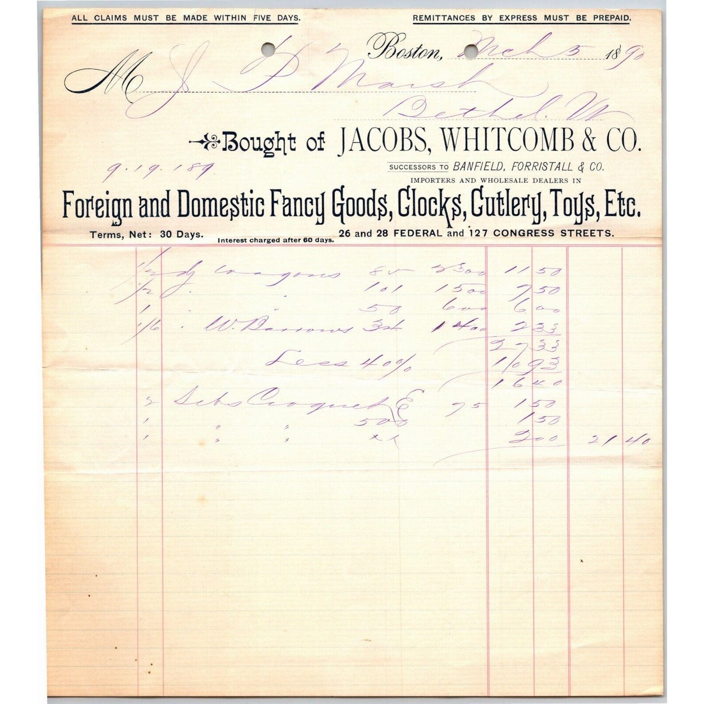 Boston, MA Jacobs, Whitcomb & Co. Clocks Toys 1890 Billhead JP Marsh Bethel, VT