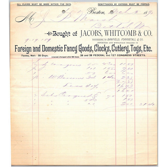 Boston, MA Jacobs, Whitcomb & Co. Clocks Toys 1890 Billhead JP Marsh Bethel, VT