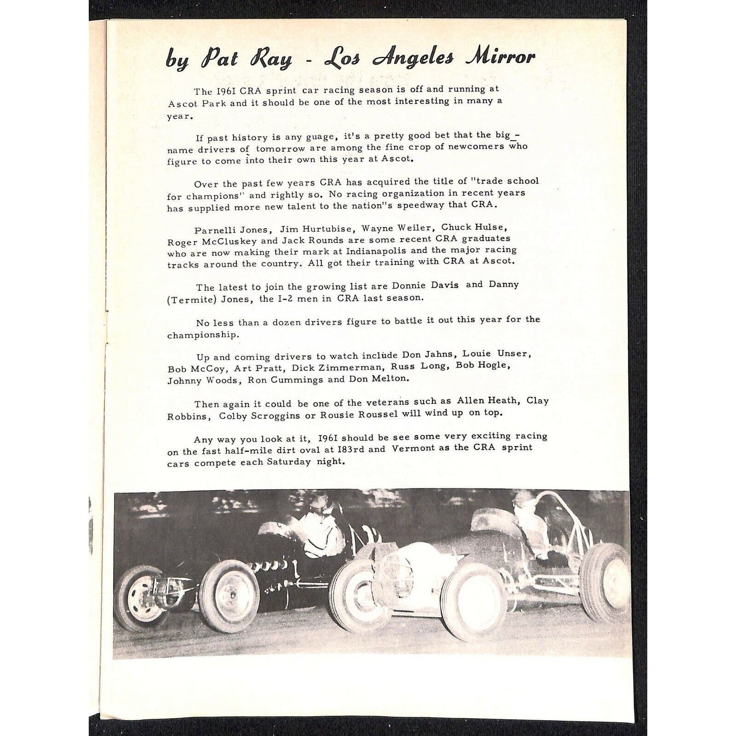 Scarce May 3 1961 Auto Racing CRA Big Car Program Ascot Gardena, CA 12pp