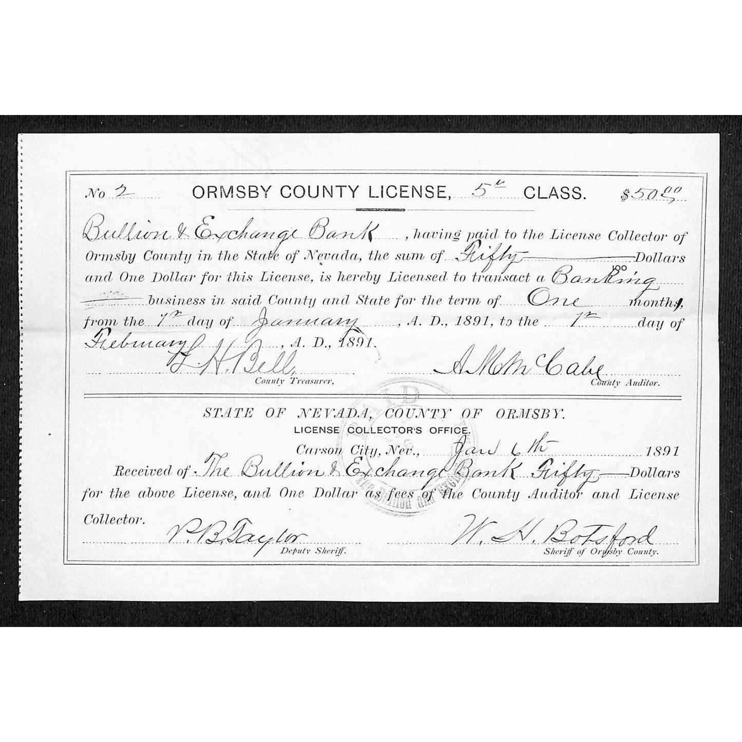 Vintage 1891 Ormsby County Banking License Bullion & Exchange Bank - Mining Doc.