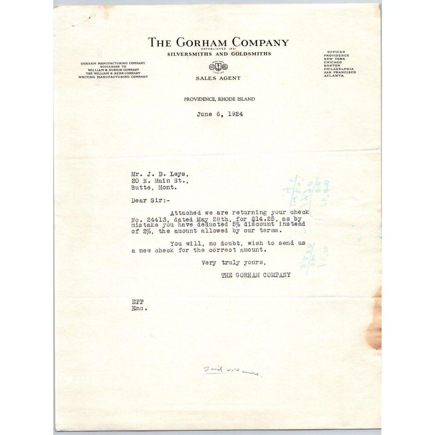 Gorham Company Silver to "Leys" Jewelers Butte, MT 1924 Miscalculation on Check