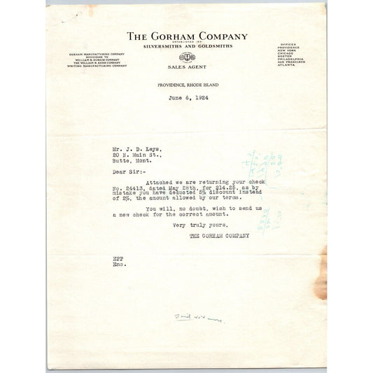 Gorham Company Silver to "Leys" Jewelers Butte, MT 1924 Miscalculation on Check