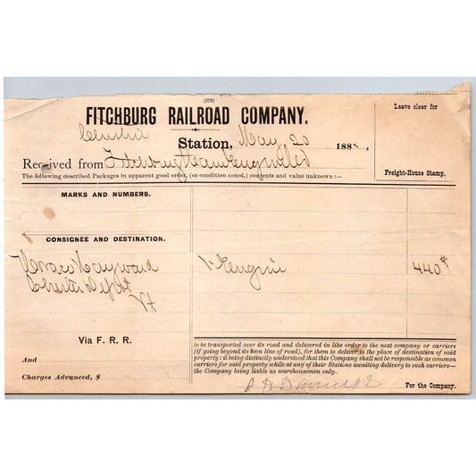 Fitchburg Railroad Company 1881 Freight Transport Billhead Scarce