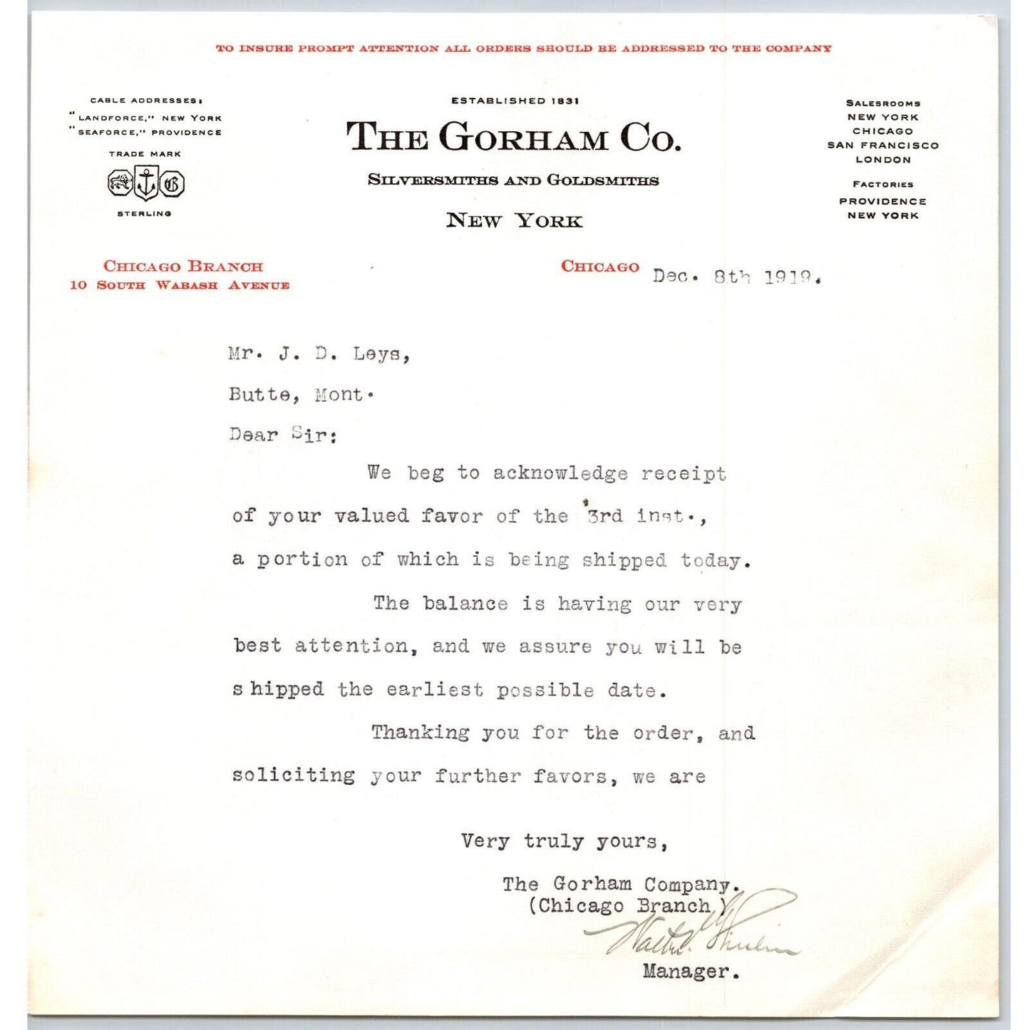 Gorham Co. Silversmiths to "Leys" Jewelers Butte, MT 1919 Letterhead 3rd Payment