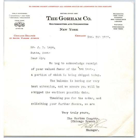 Gorham Co. Silversmiths to "Leys" Jewelers Butte, MT 1919 Letterhead 3rd Payment