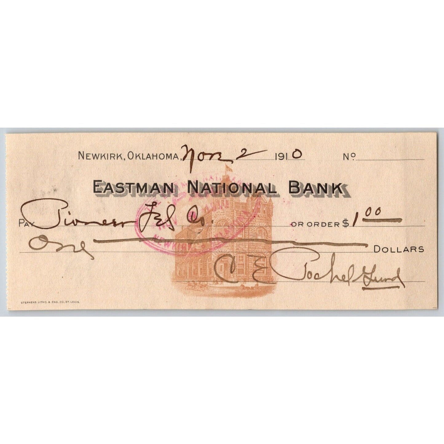 Newkirk, Oklahoma "Eastman National Bank" 1910 Bank Check "Rachel Gund ?"
