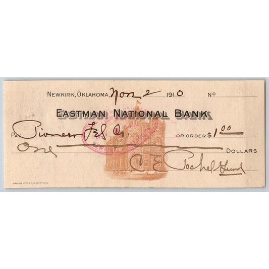 Newkirk, Oklahoma "Eastman National Bank" 1910 Bank Check "Rachel Gund ?"