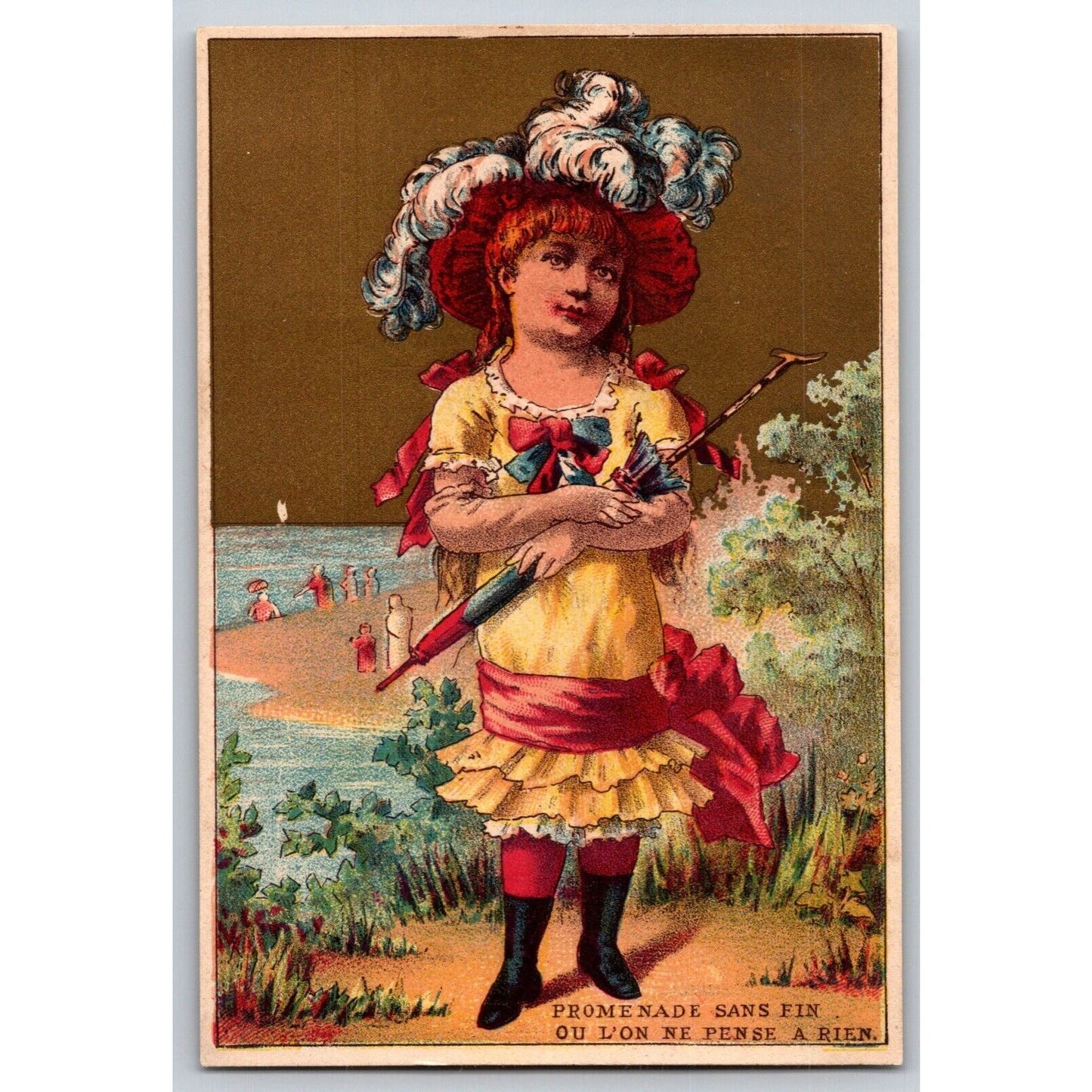 Girl in Dress, Fancy Hat Holding Parasol - Victorian Trade Card Soapine