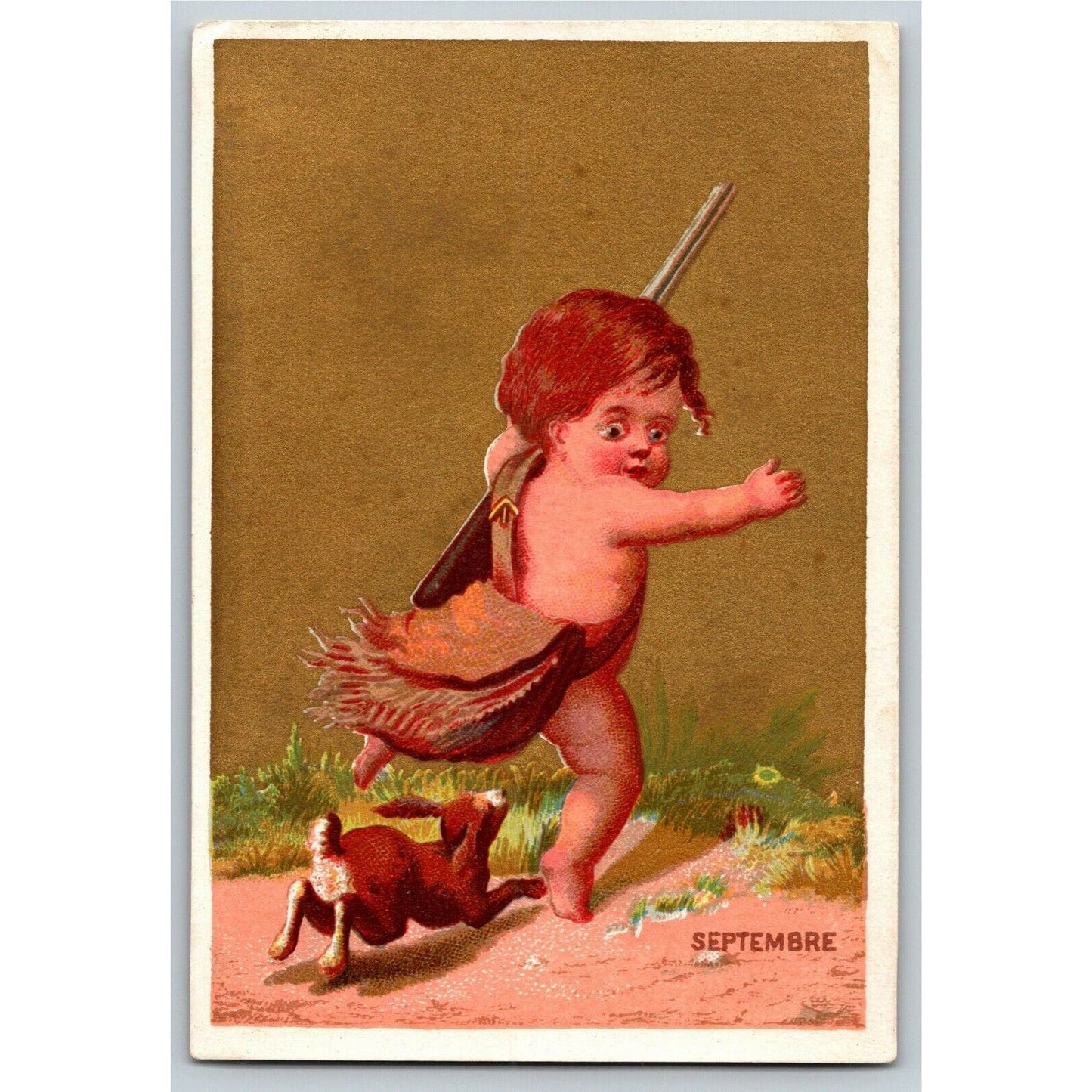 Gilt "Septembre" Rabbit Chases Child (Soapine) Unmarked Victorian Trade Card