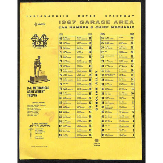 1967 Indy 500 Indianapolis Motor Speedway D-A Garage Area Car Number Sheet