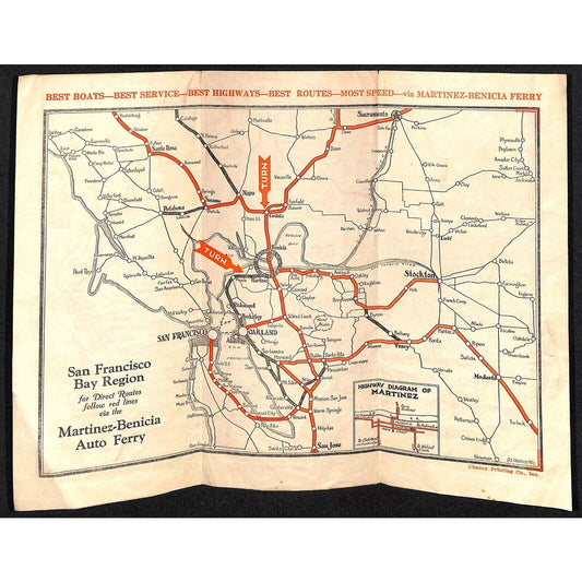 Martinez-Benicia Auto Ferry California Road Map Time Table c1920's-30's Scarce