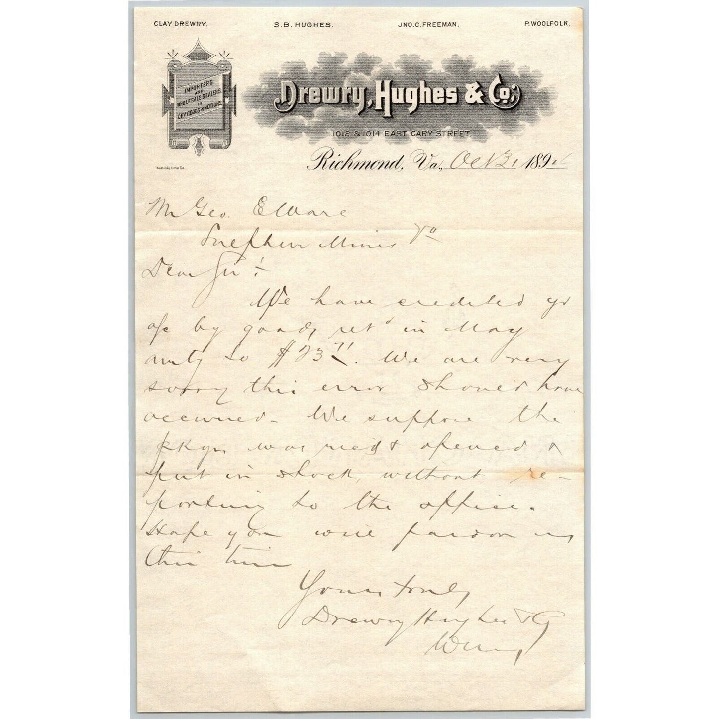 Drewry, Hughes & Co. -Dry Goods- Letterhead Richmond, VA to: Geo. E. Wear 1894