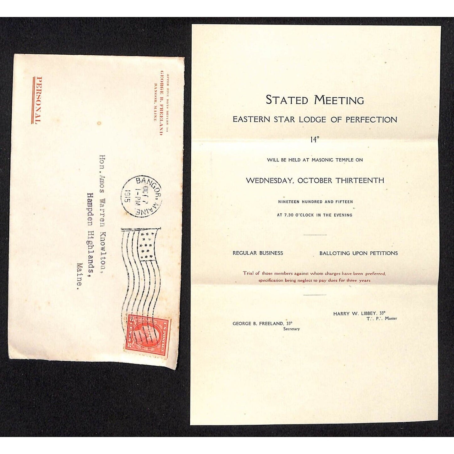 Hampden Highlands, ME Amos W. Knowlton* 1915 Eastern Star Lodge of Perfection