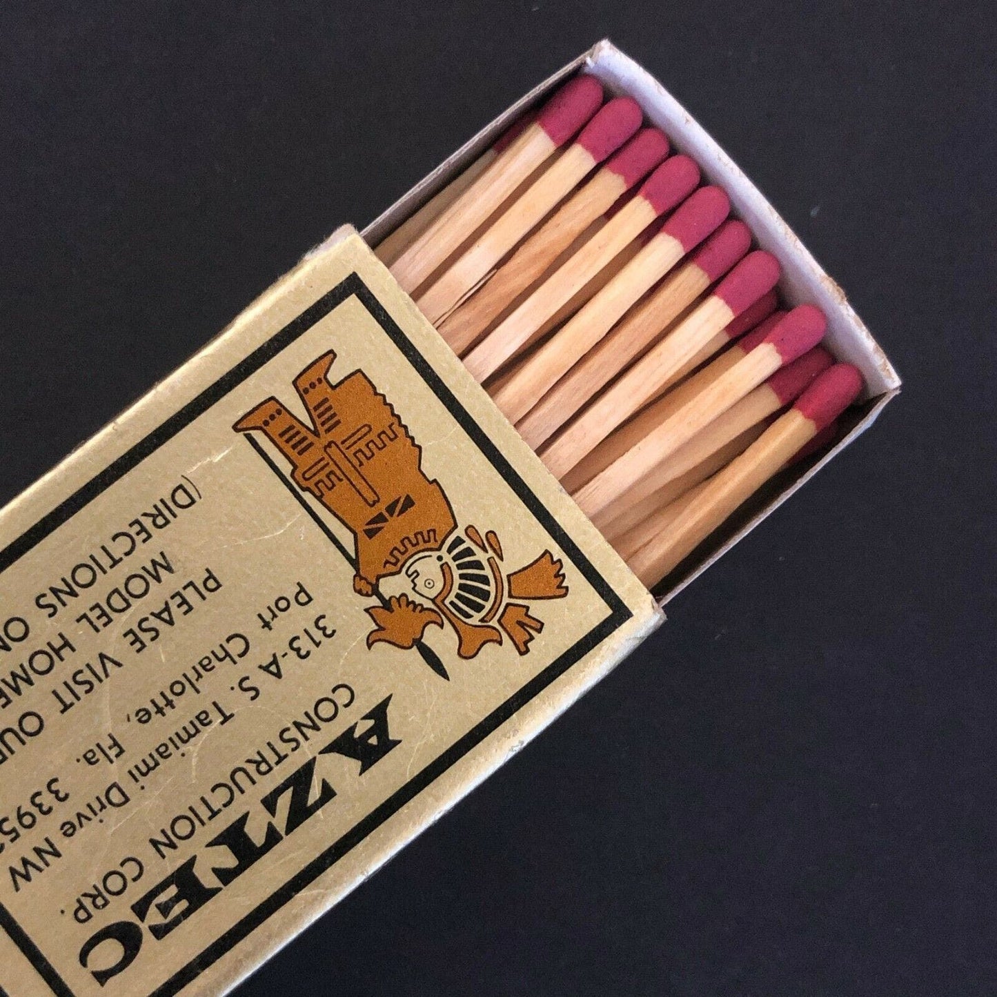 c1970's-80's Wooden Matchbox Matchbook "Aztec Construction" Port Charlotte, FLA