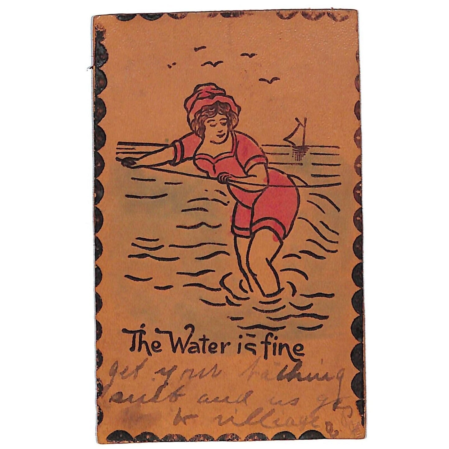 Funny Leather Postcard "The Water Is Fine" Beach Humor Woman in Swim Suit
