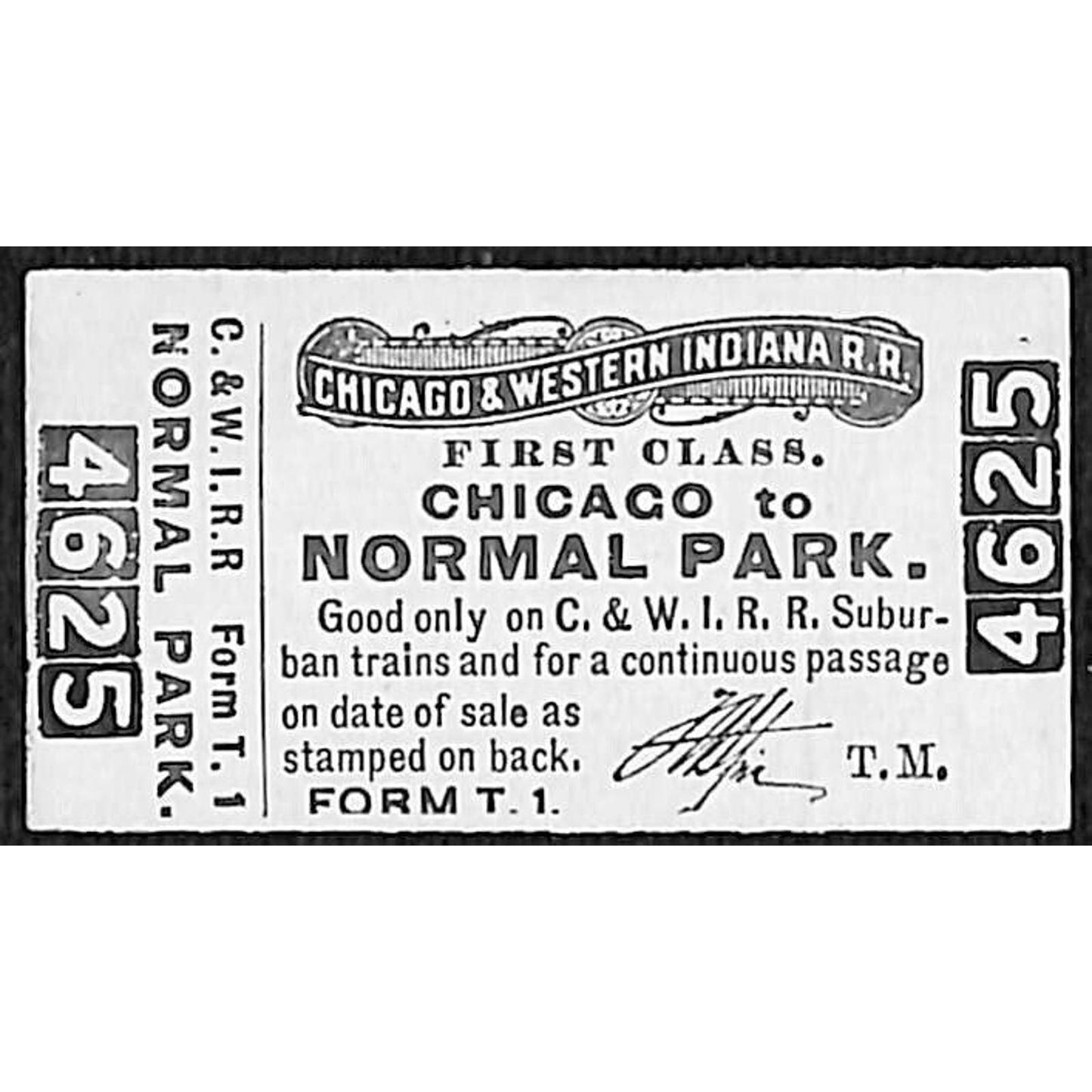 Chicago & Western Indiana RR Ticket Normal Park c1920's #4625