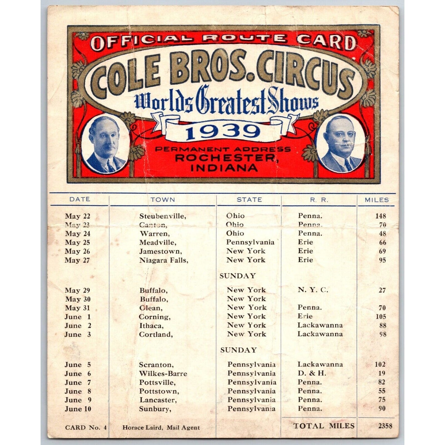 1939 Cole Bros Circus Route Card "World's Greatest" OH PA NY