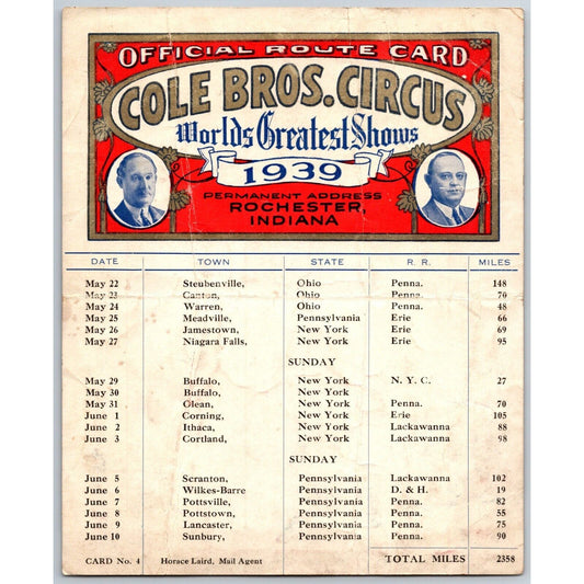 1939 Cole Bros Circus Route Card "World's Greatest" OH PA NY