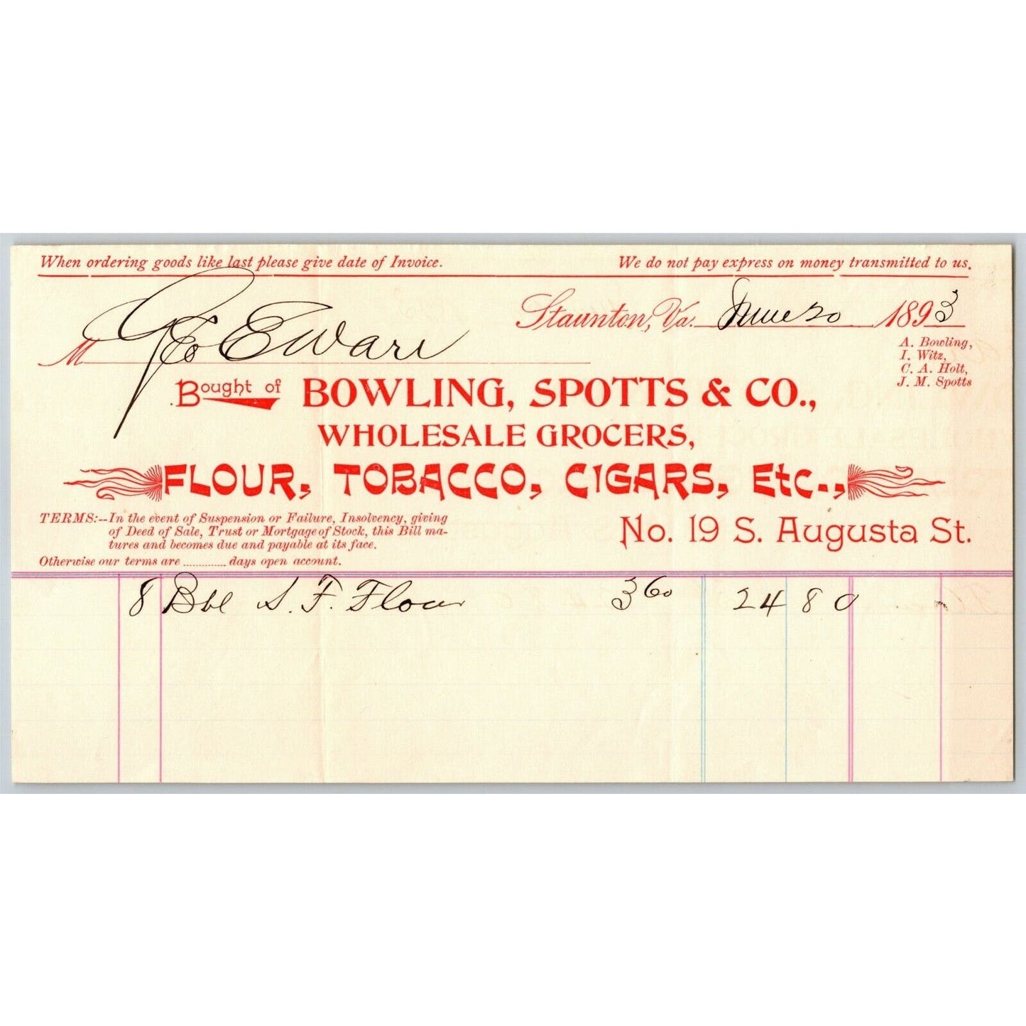 1893 Scarce Bowling, Spotts & Co Flour Cigars Billhead Letterhead Staunton, VA