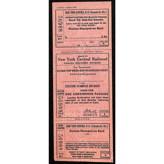 New York Central Railroad RR Canada Unused SAMPLE Excursion Ticket c1955 #56908