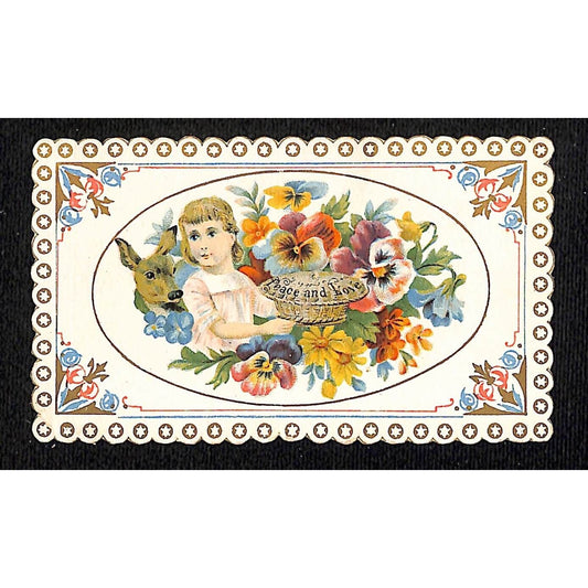 "Peace and Love" Girl with Pie ? Basket? Deer Flowers Victorian Card