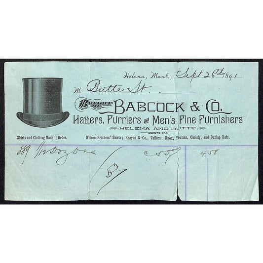 Helena Butte Montana Babcock & Co. Hatters Furriers 1891 Billhead w/ Top Hat