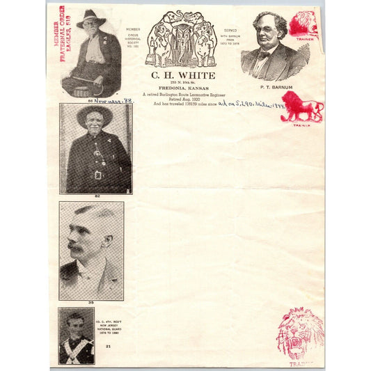 C.H. White Retired Burlington RR Engineer Circus Letterhead c1944 Scarce