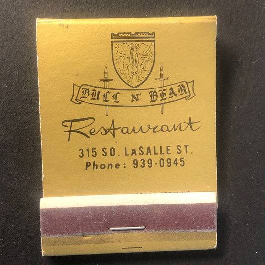 Bull N' Bear Restaurant Chicago Full Vintage Matchbook c1960's VGC