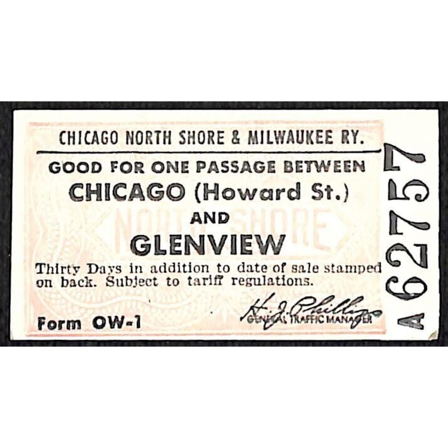 Chicago North Shore & Milwaukee RY Ticket c1947-50's Glenview #62757