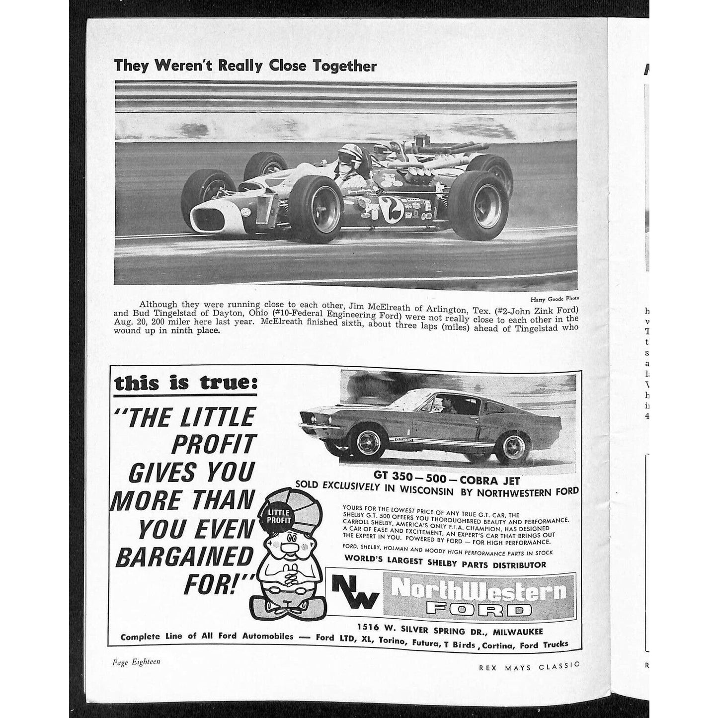 Scarce Jun 9 1968 USAC Rex Mays Classic Auto Racing Program Wisconsin Speedway