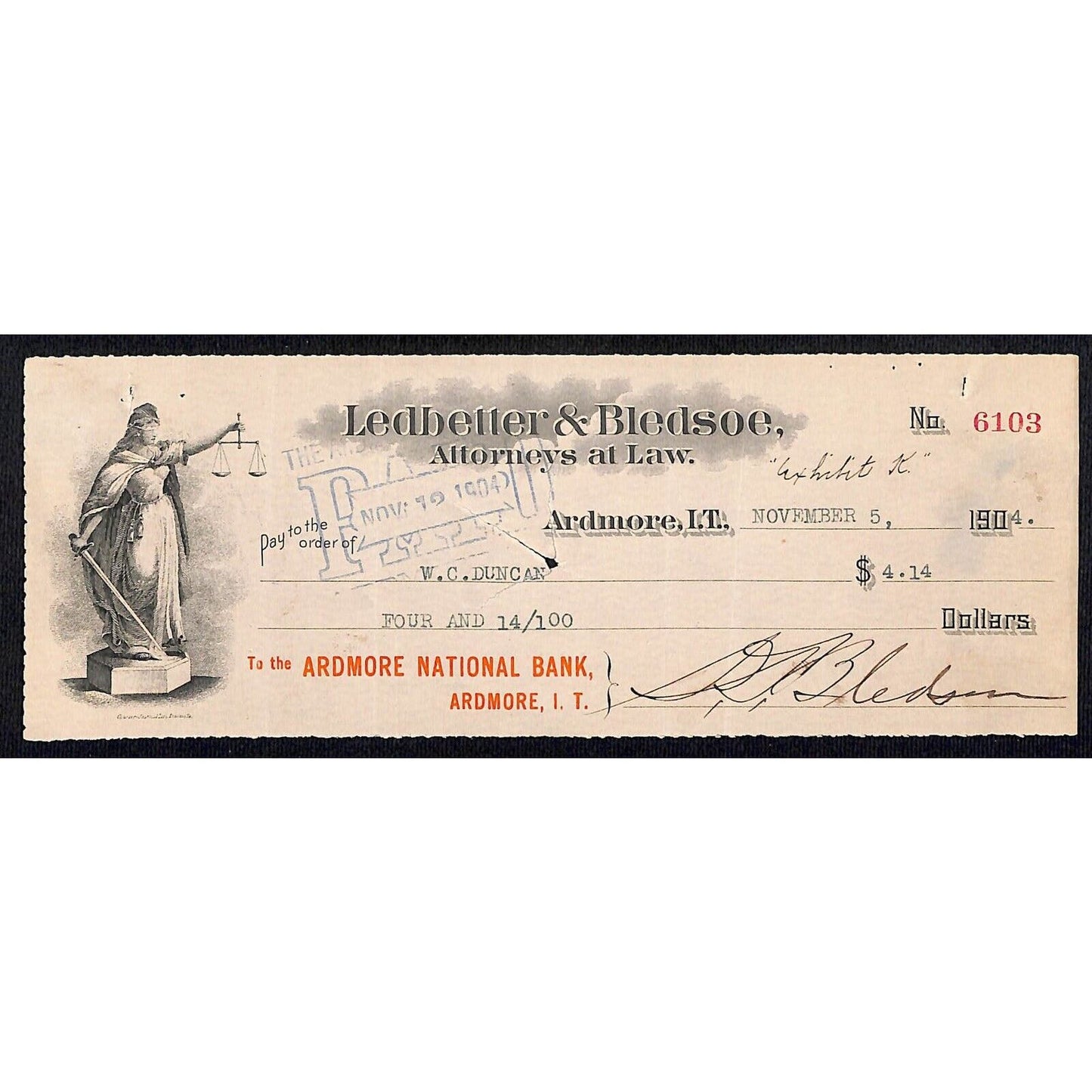 Ardmore, OK Ledbetter & Bledsoe Attorneys 1904 Indian Territory - Scarce