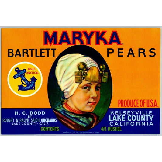 Maryka Bartlett Pears Vintage Original Paper Fruit Crate Label Kelseyville, CA