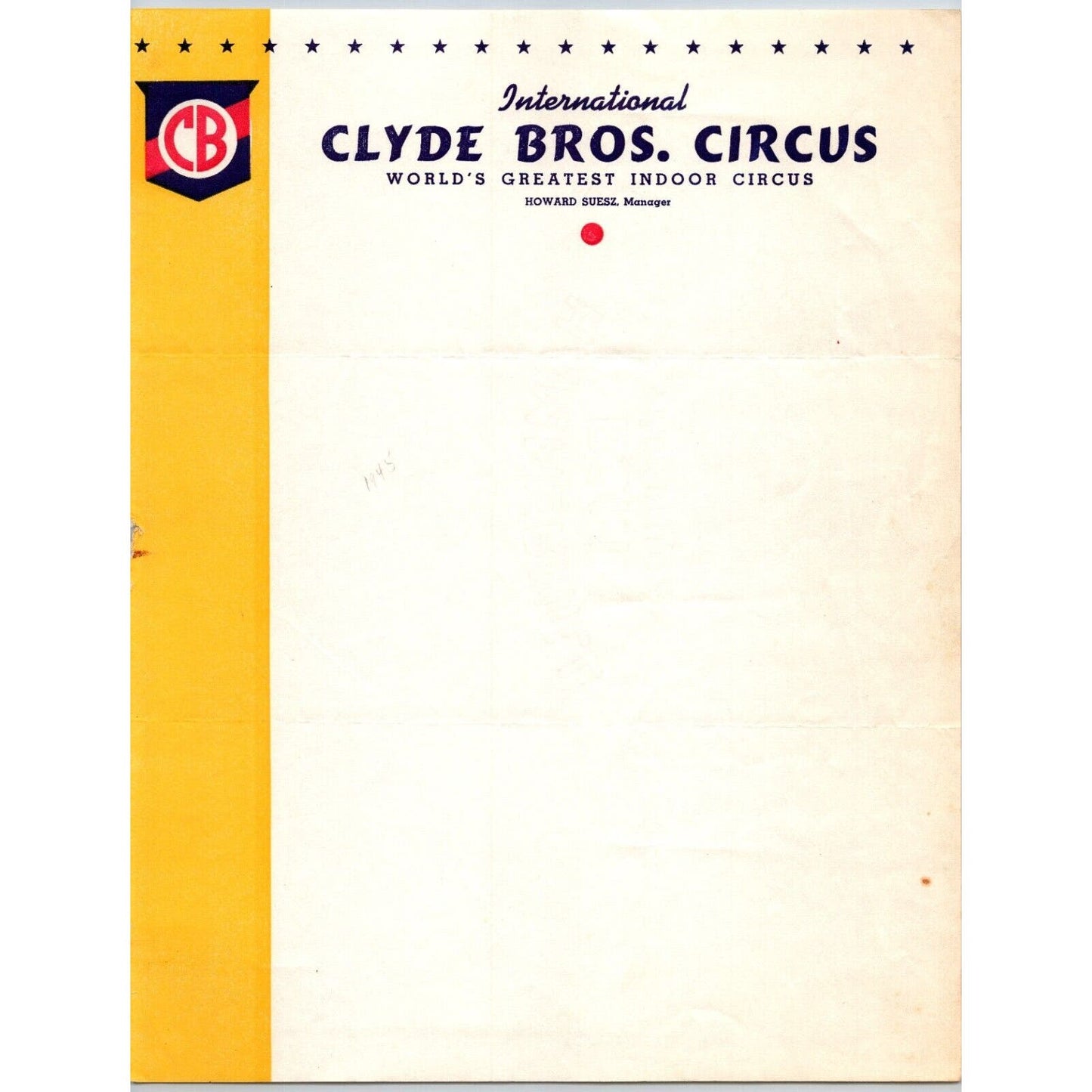 Clyde Bros. Circus Letterhead 1943 "World's Greatest Indoor" Scarce