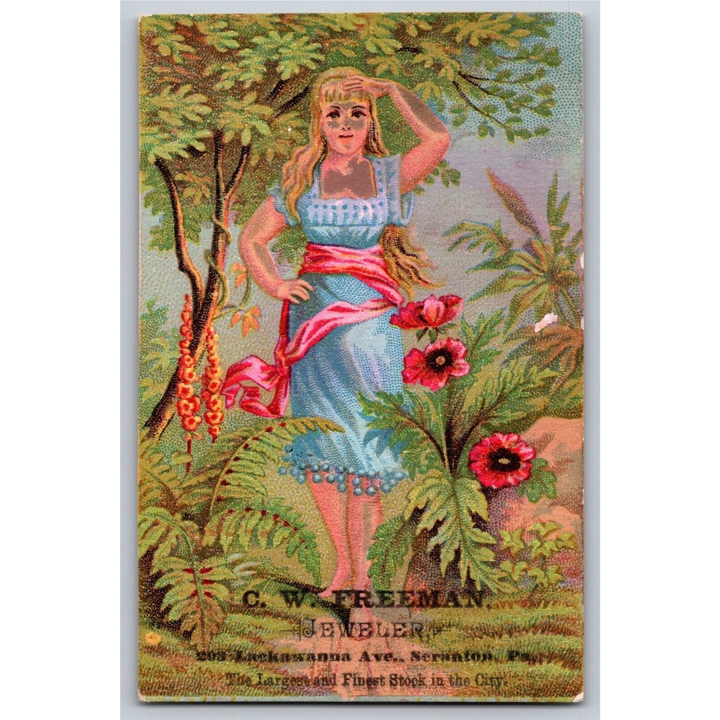 C.W. Freeman Jeweler Scranton, PA Girl in Blue Dress - Victorian Trade Card